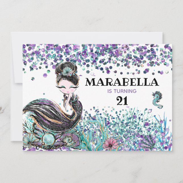 *~* Mermaid LUXE 21 GLAM Under Sea Birthday Party Invitation (Front)