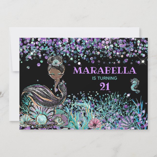 *~* Mermaid LUXE GLAM Under the Sea 21 Birthday Invitation (Front)