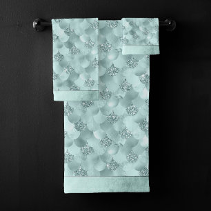 Mermaid Luxe Scale   Seafoam Mint Green Aqua Sheen Bath Towel Set