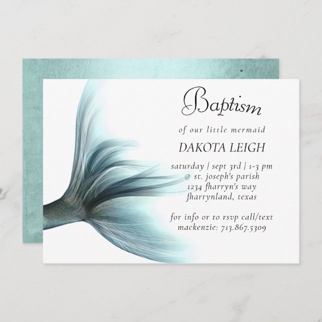 Mermaid Luxe | Seafoam Mint Green Sheen Baptism Invitation (Front/Back)