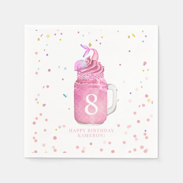 Mermaid Mason Jar Milkshake Girls Pink Birthday  Napkin (Front)