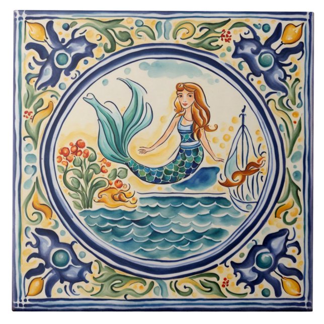 Mermaid Mediterranean Folk Art Ceramic Tile (Front)
