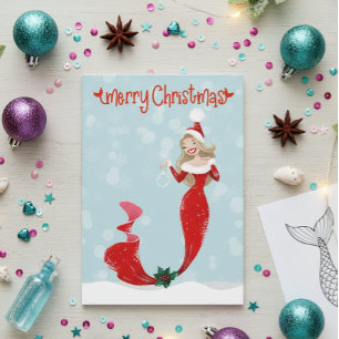 Mermaid Merry Christmas Bubbles Holiday Card
