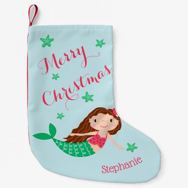 Mermaid Merry Christmas Personalised Aqua Small Christmas Stocking (Front)