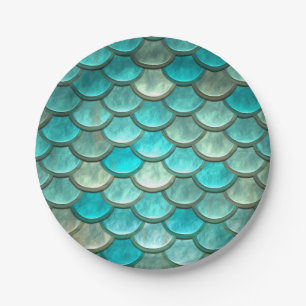 Mermaid minty green fish scales pattern paper plate