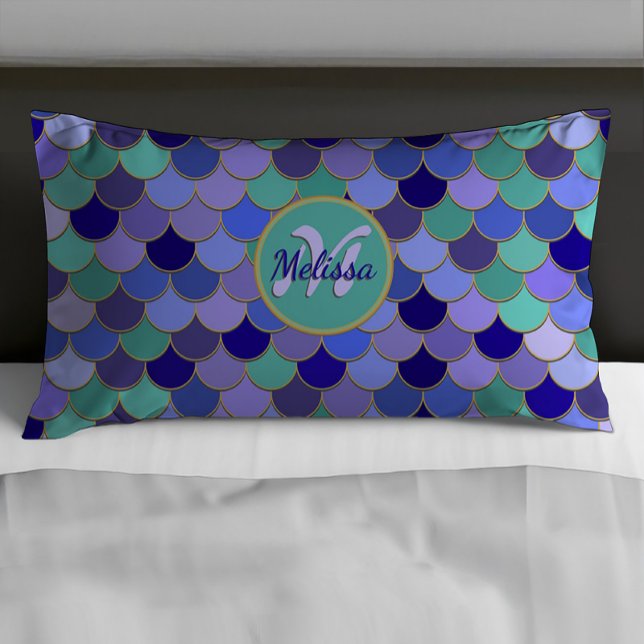 Mermaid Monogram + Name | Aqua Teal Purple Blue Pillowcase (Creator Uploaded)