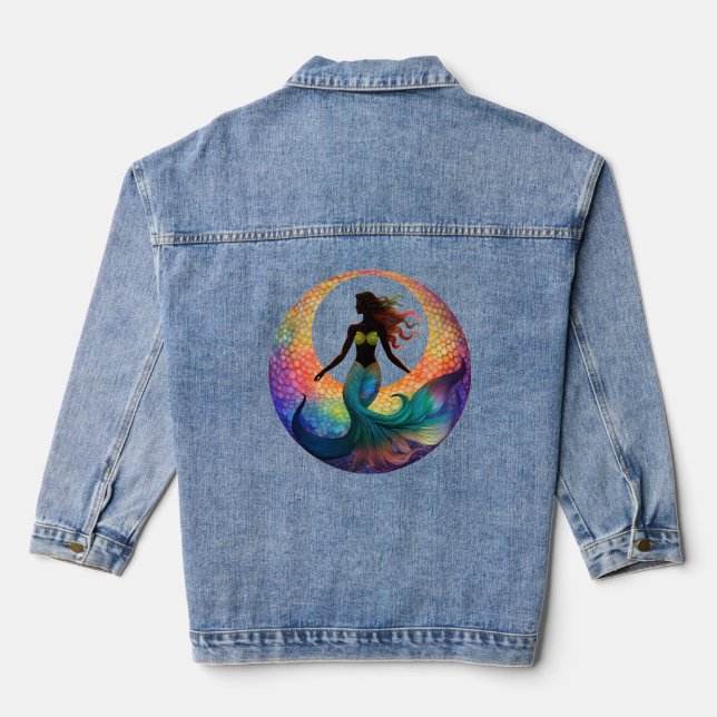 Mermaid Moon Goddess Silhouette | Colorful Graphic Denim Jacket (Back)