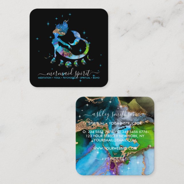 Mermaid moon spiritual tarot reading zodiac stars square business card (Front/Back)