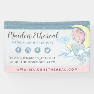 Mermaid Moon & Stars Mystical Pink Hair Sea Siren Banner