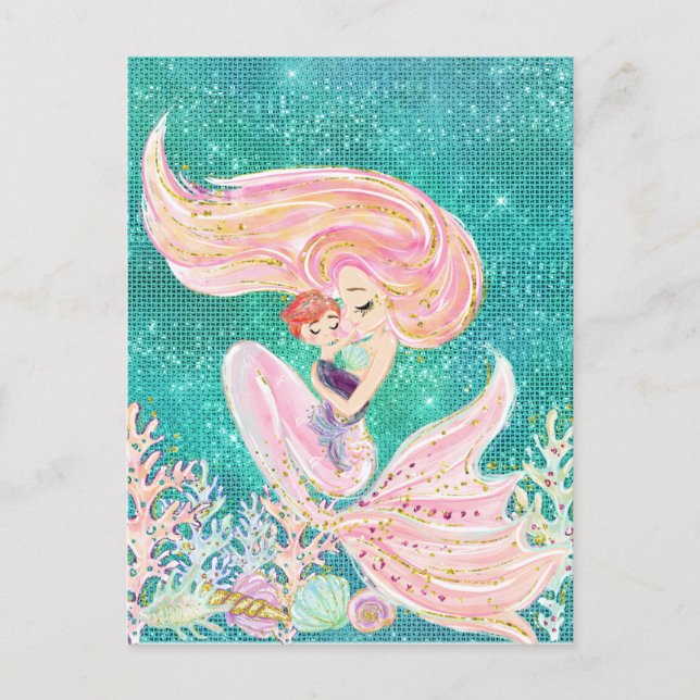 Mermaid Mother with Baby Glitter Sea Postcard (Front)
