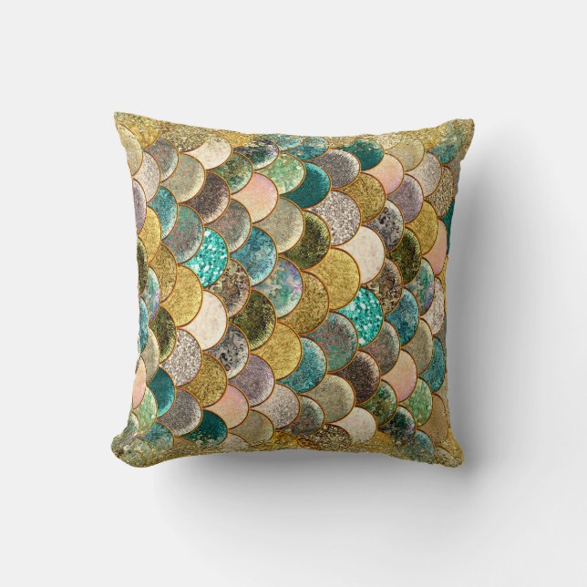 Mermaid Multi Colour Glitter Glam Scales Girly Cushion (Front)