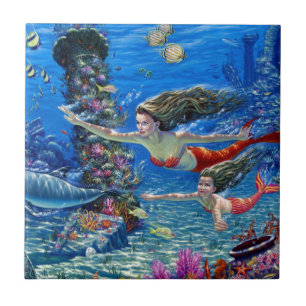 mermaid mum and baby ceramic tile