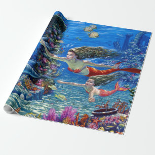 mermaid mum and baby wrapping paper