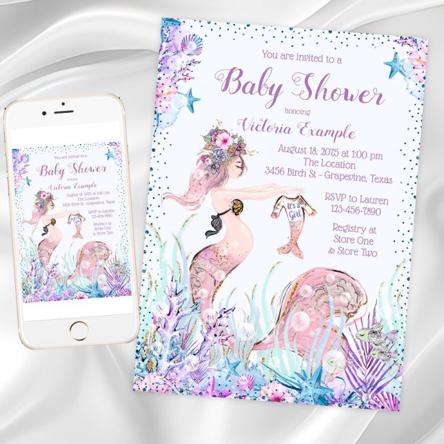 Mermaid Mum Baby Shower Invitations (Mermaid Mom Baby Shower Invitations. Instant download and printed invitations available.)