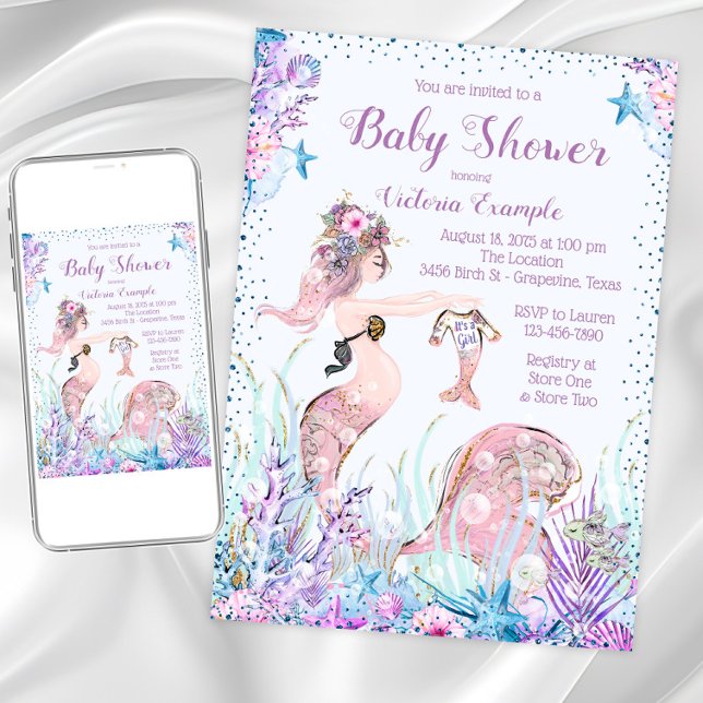 Mermaid Mum Baby Shower Invitations (Cute mermom baby shower invitation. Instant download and printed invitations available.)