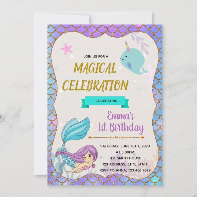 Mermaid narwhale party birthday invitation (Front)