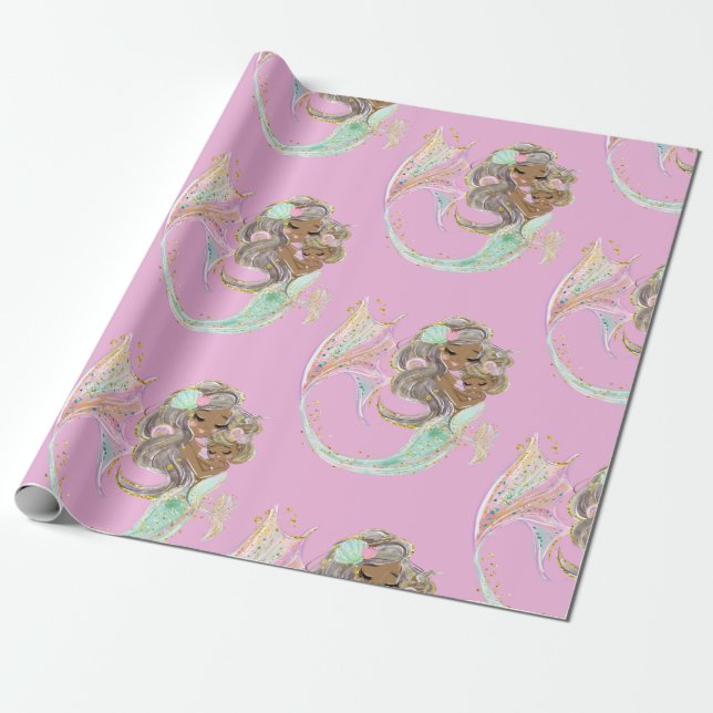 mermaid nautical  pink wrapping paper (Unrolled)