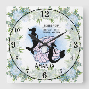 Mermaid   Never Give Up   Inspirational  Square Wall Clock