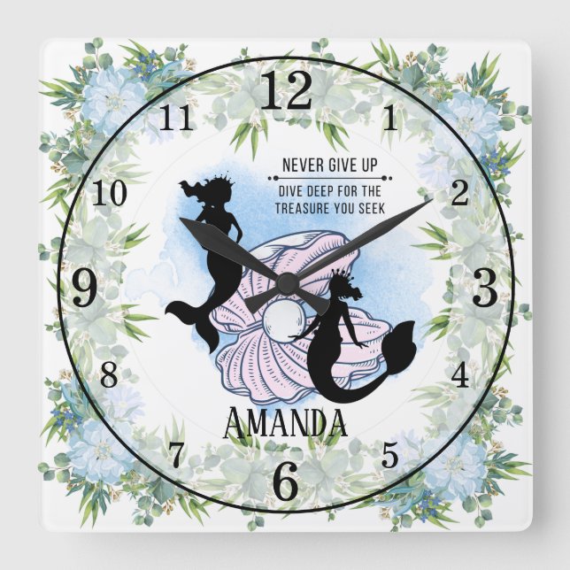 Mermaid | Never Give Up | Inspirational  Square Wall Clock (Front)