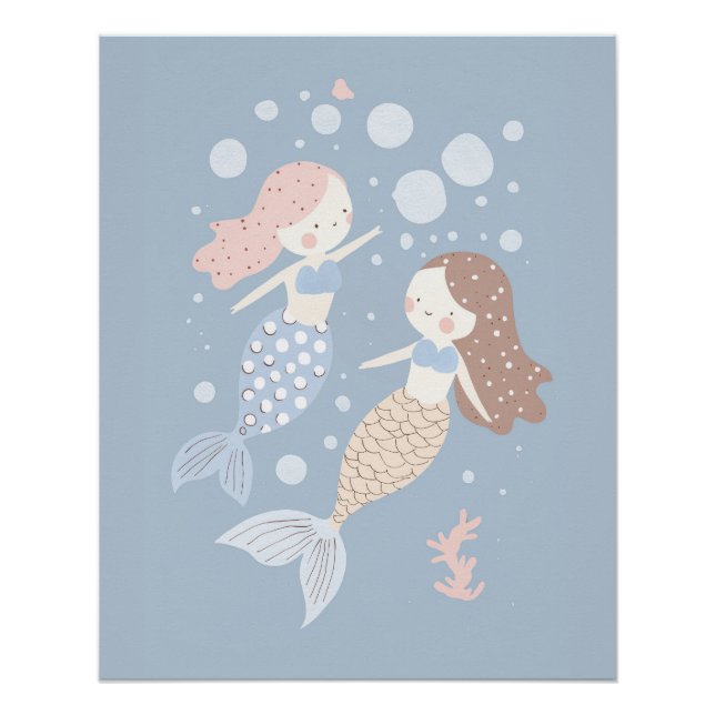 Mermaid Nursery Print for Kids Playroom Pastel Art (Front)
