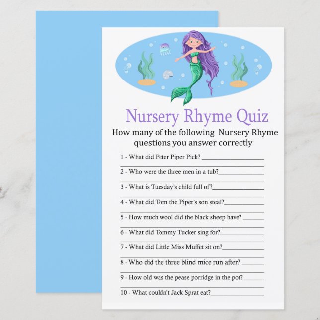 Mermaid Nursery Rhyme Quiz baby shower game (Front/Back)