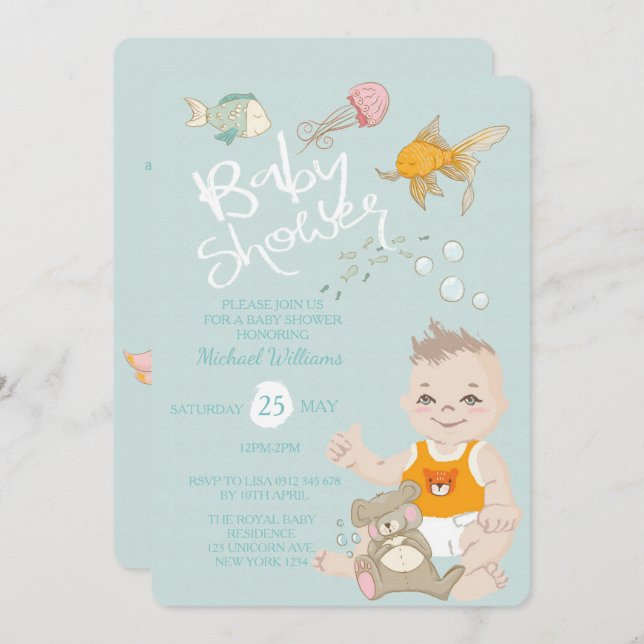 Mermaid Ocean Boy Invitation Blue Baby Shower (Front/Back)