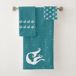 mermaid ocean teal blue and white bath towel set