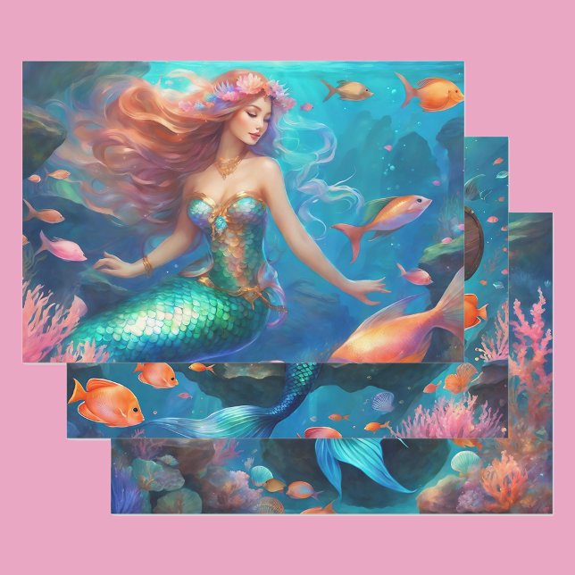 Mermaid Ocean Treasure Chest Girl's 3 Wrapping Paper Sheet (Creator Uploaded)