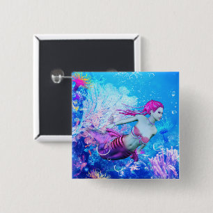 Mermaid of the Coral Veil 15 Cm Square Badge