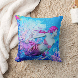 Mermaid of the Coral Veil Cushion