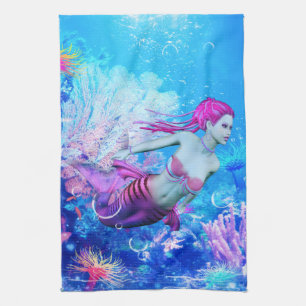 Mermaid of the Coral Veil Tea Towel