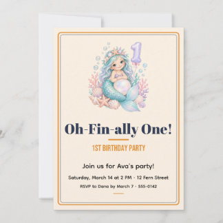 Mermaid Oh-Fin-ally 1st Birthday Cream Invitation