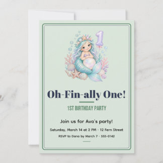 Mermaid Oh-Fin-ally 1st Birthday Sage Invitation