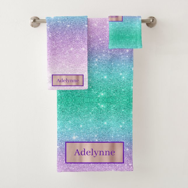 Mermaid Ombre Glitter Custom Name Bath Towel Set (Insitu)