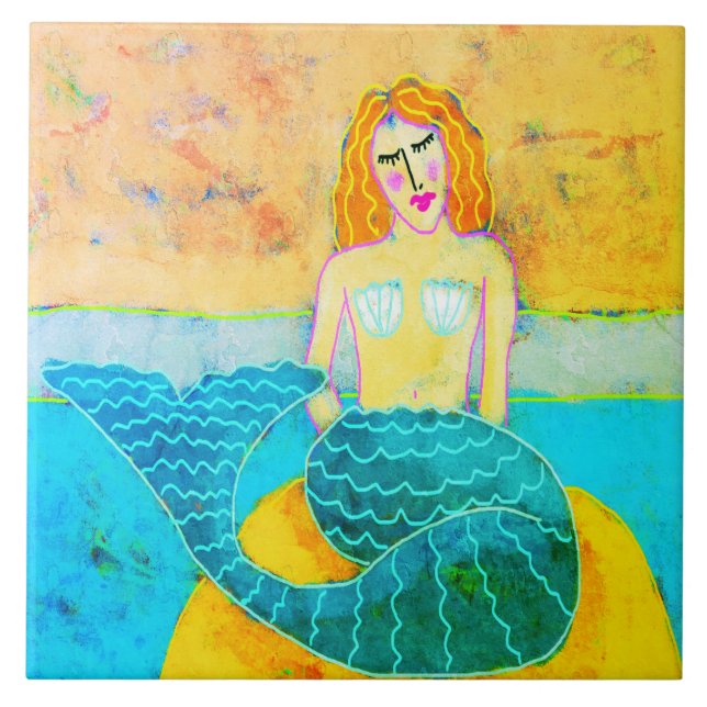 Mermaid on a Rock Abstract Art Ceramic Tile (Front)