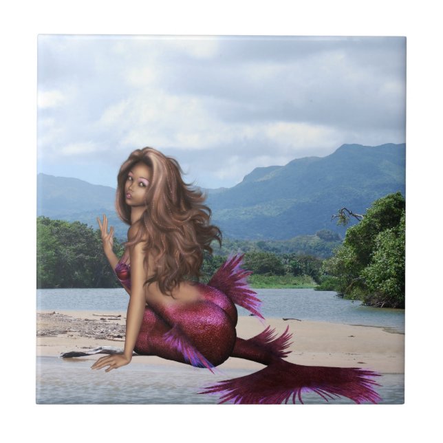 Mermaid on a Sandbar Ceramic Tile (Front)
