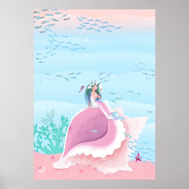 Mermaid on a Shell pastel colour poster (Front)
