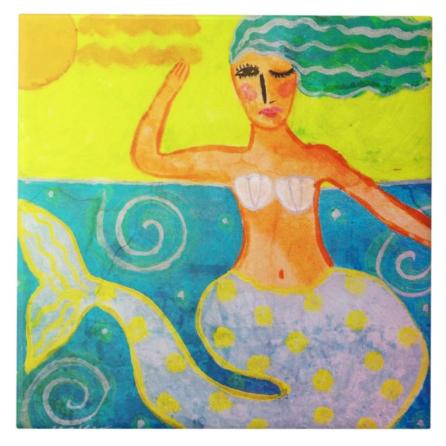 Mermaid on a Sunny Day Abstract Art Ceramic Tile (Front)