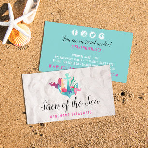 Mermaid on Anchor Nautical Watercolor Social Media Business Card