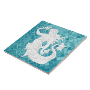Mermaid on Aqua Sea Glass Pattern Ceramic Tile