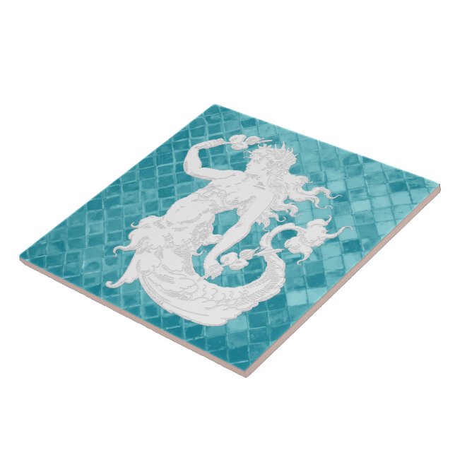 Mermaid on Aqua Sea Glass Pattern Ceramic Tile (Side)