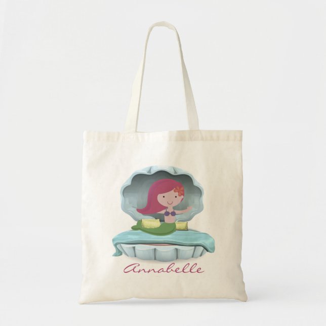 Mermaid on Clamshell Bed Personalise Tote Bag (Front)