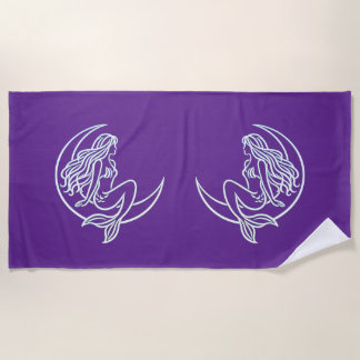 Mermaid on Crescent Moon (White Line Art) Beach Towel