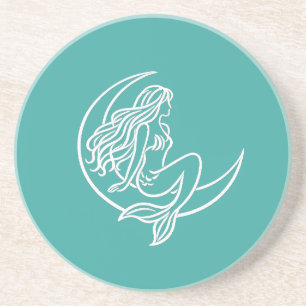 Mermaid on Crescent Moon (White Line Art) Coaster