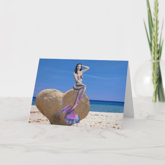 Mermaid on Heart Rock Beach Valentine's day Card (Front)