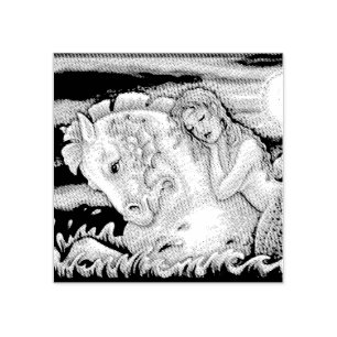 MERMAID ON MERHORSE FANTASY RUBBER STAMP *Close Up