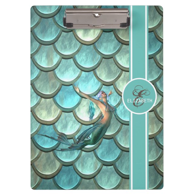 Mermaid On Mermaid Tail Scales Monogram Clipboard (Front)