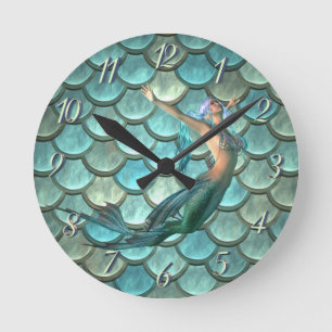Mermaid On Mermaid Tail Scales Round Clock