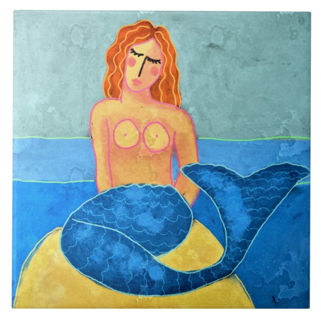 Mermaid on Rock Abstract Digital Painting Ceramic Tile (Front)