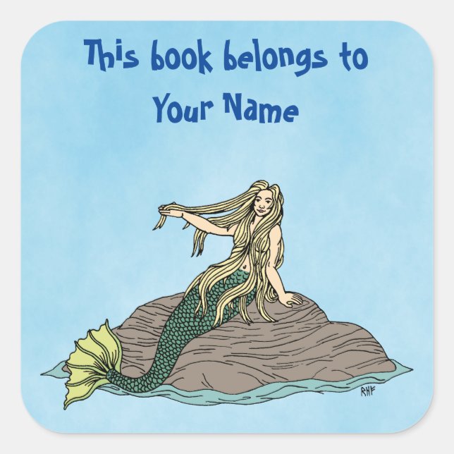 Mermaid on Rocks Bookplate Square Sticker (Front)